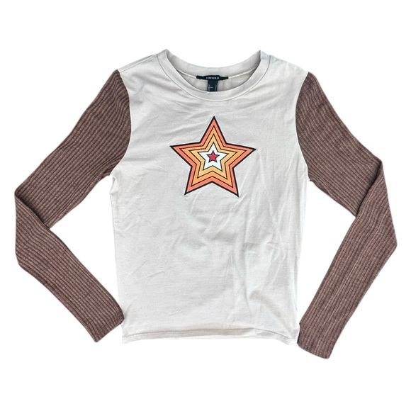 Forever 21 Y2K Star Graphic Raglan Tee - Brown Ribbed Long Sleeve Small - Picture 8 of 12